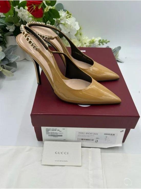 Women's Gucci Signoria chain patent sling back pumps size 39.5 made in Italy - Picture 2 of 8